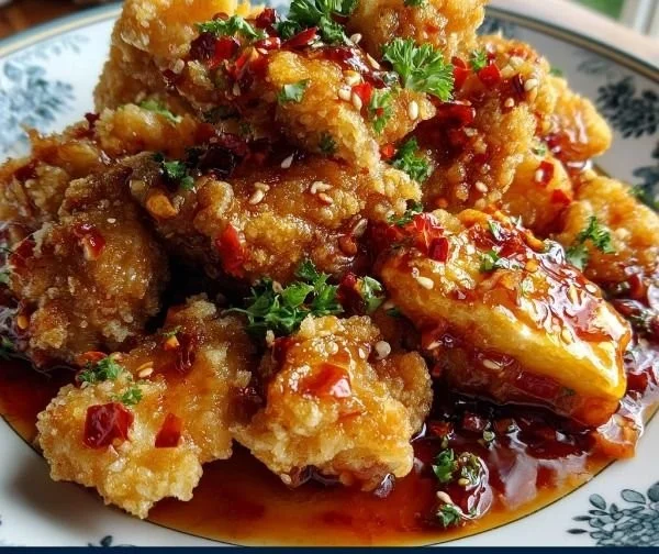 Plate of Bang Bang Chicken with colorful vegetables and creamy sauce