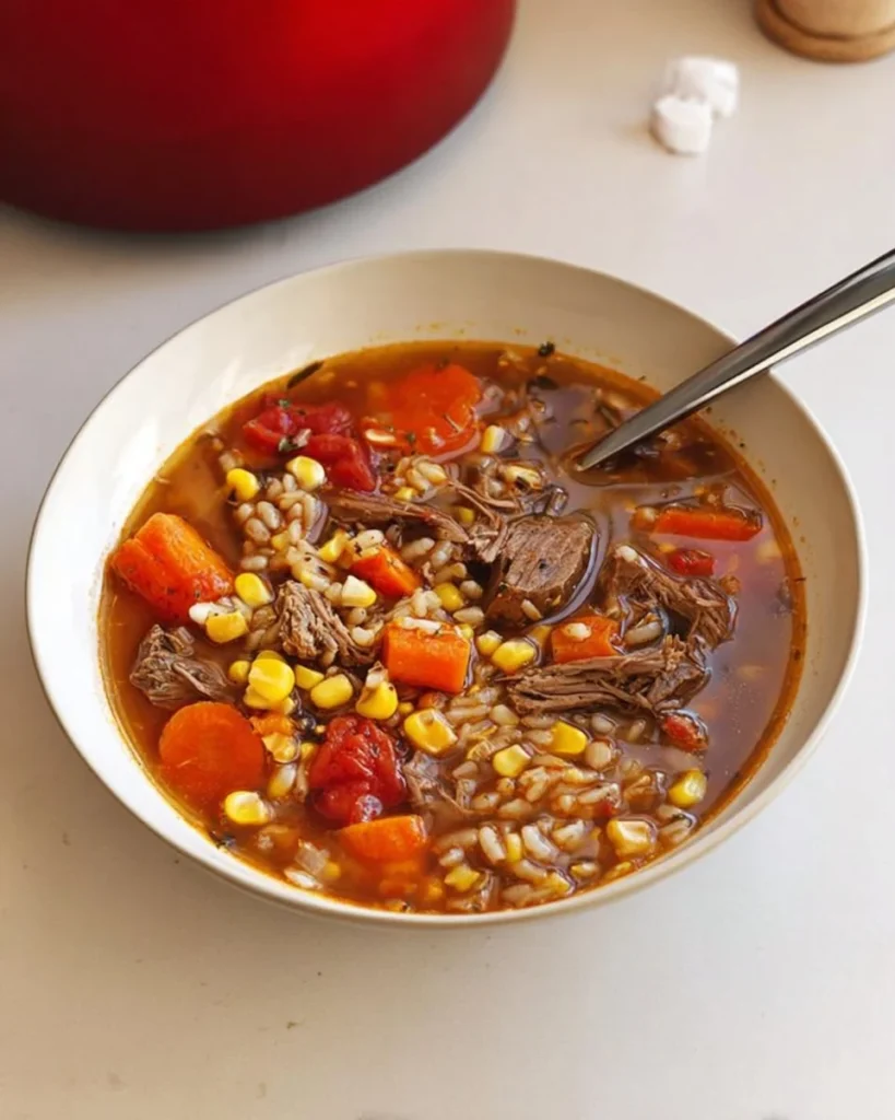 Bowl of Beef Barley Soup with vegetables and barley on a rustic table.