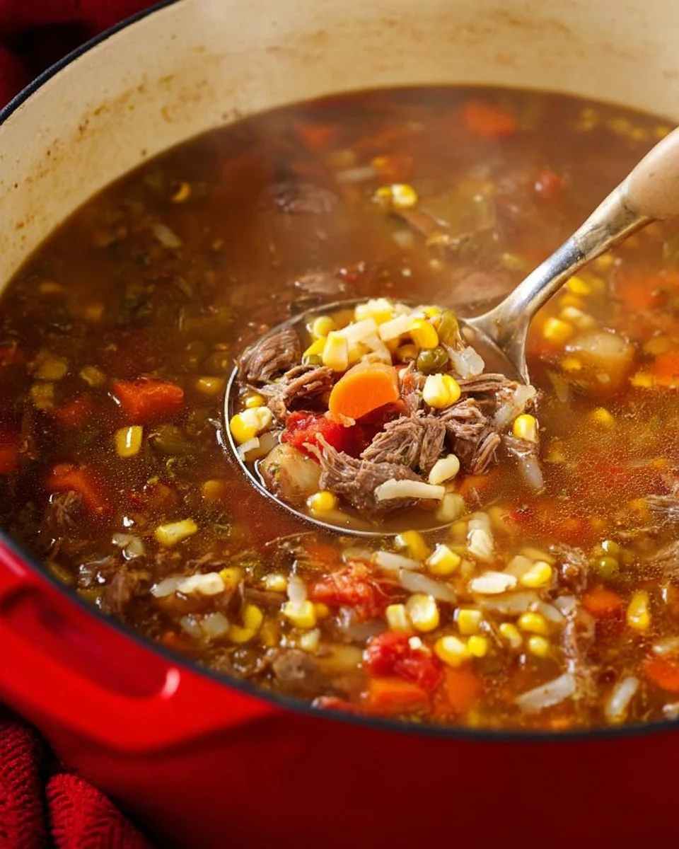 A warm bowl of homemade Beef Barley Soup with vegetables and tender beef