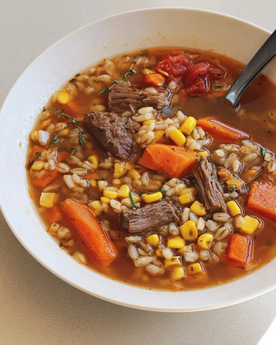 Bowl of hearty Beef Barley Soup with vegetables and herbs