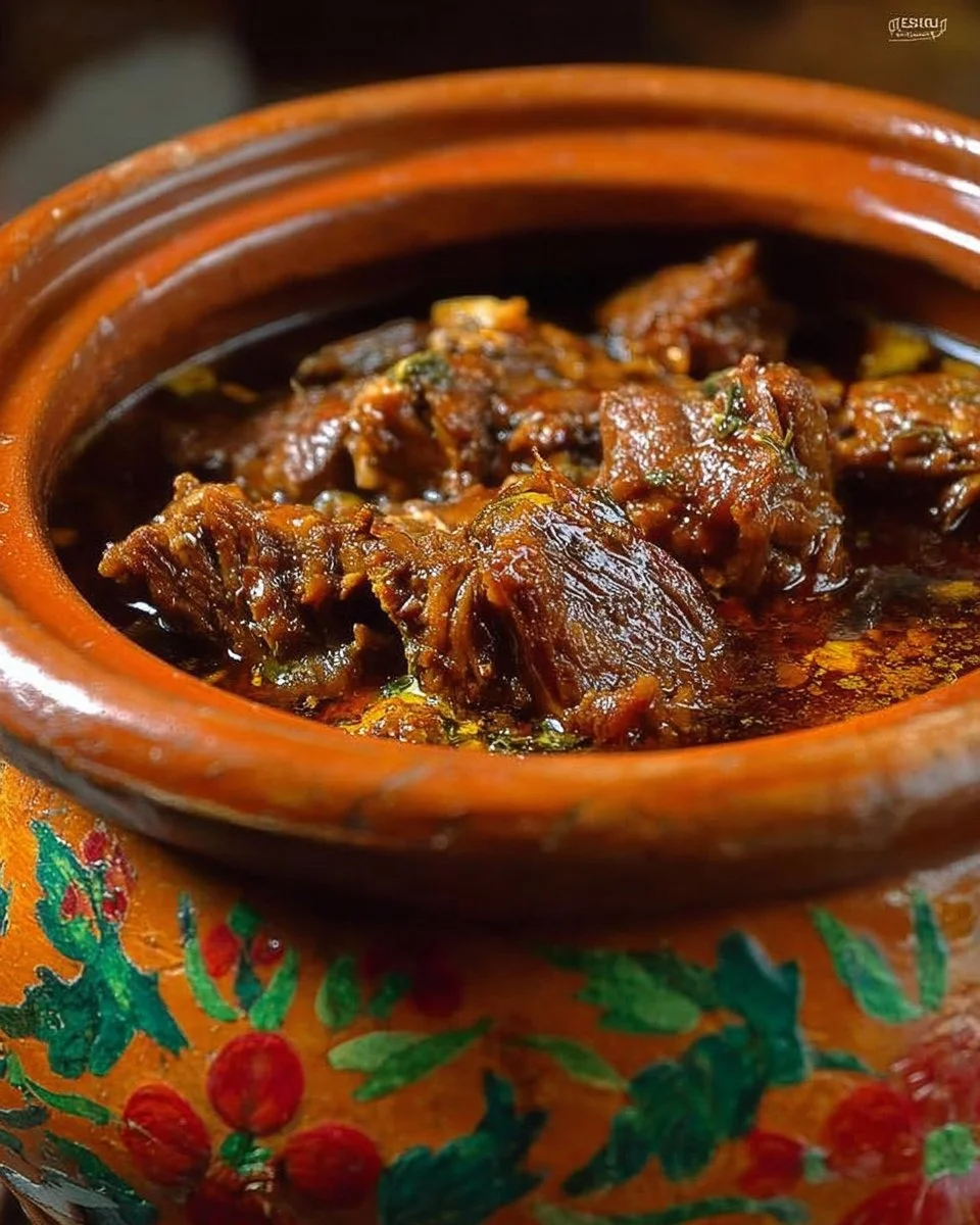 Delicious Beef Birria cooked in roasted adobo sauce, garnished and ready to serve.