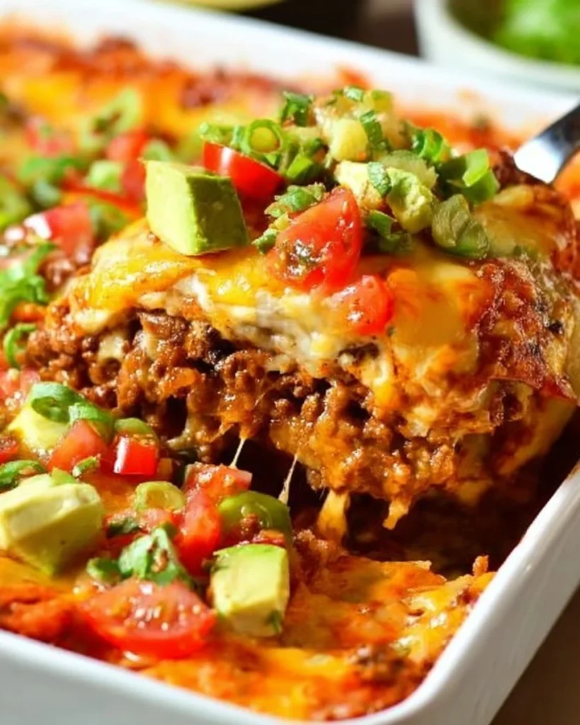 Delicious beef enchilada casserole served in a dish