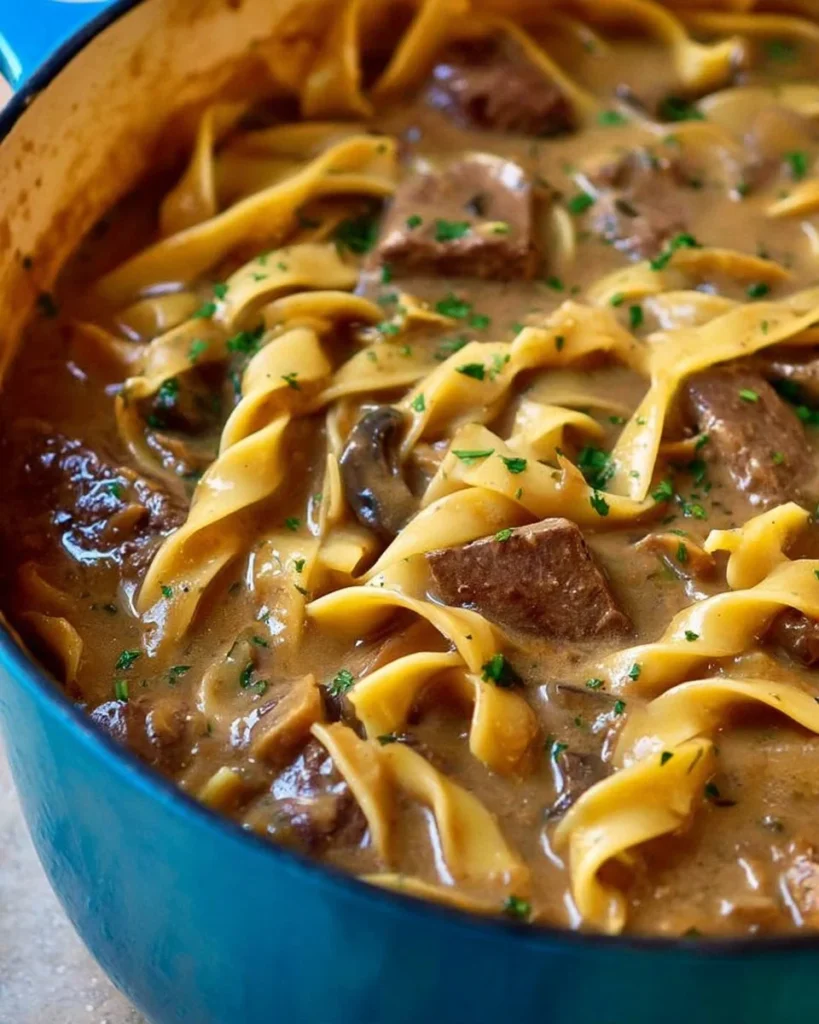Delicious Beef Stroganoff served with noodles and garnished with parsley