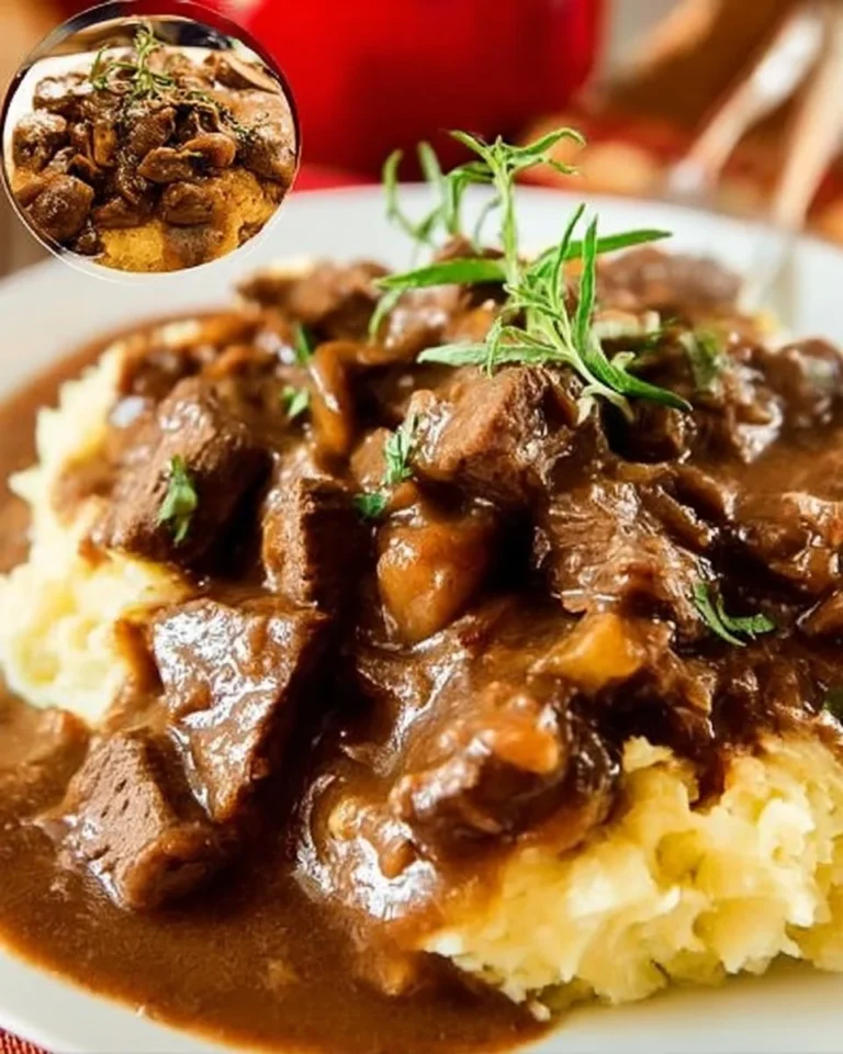 Delicious beef tips simmered in rich gravy served in a bowl.