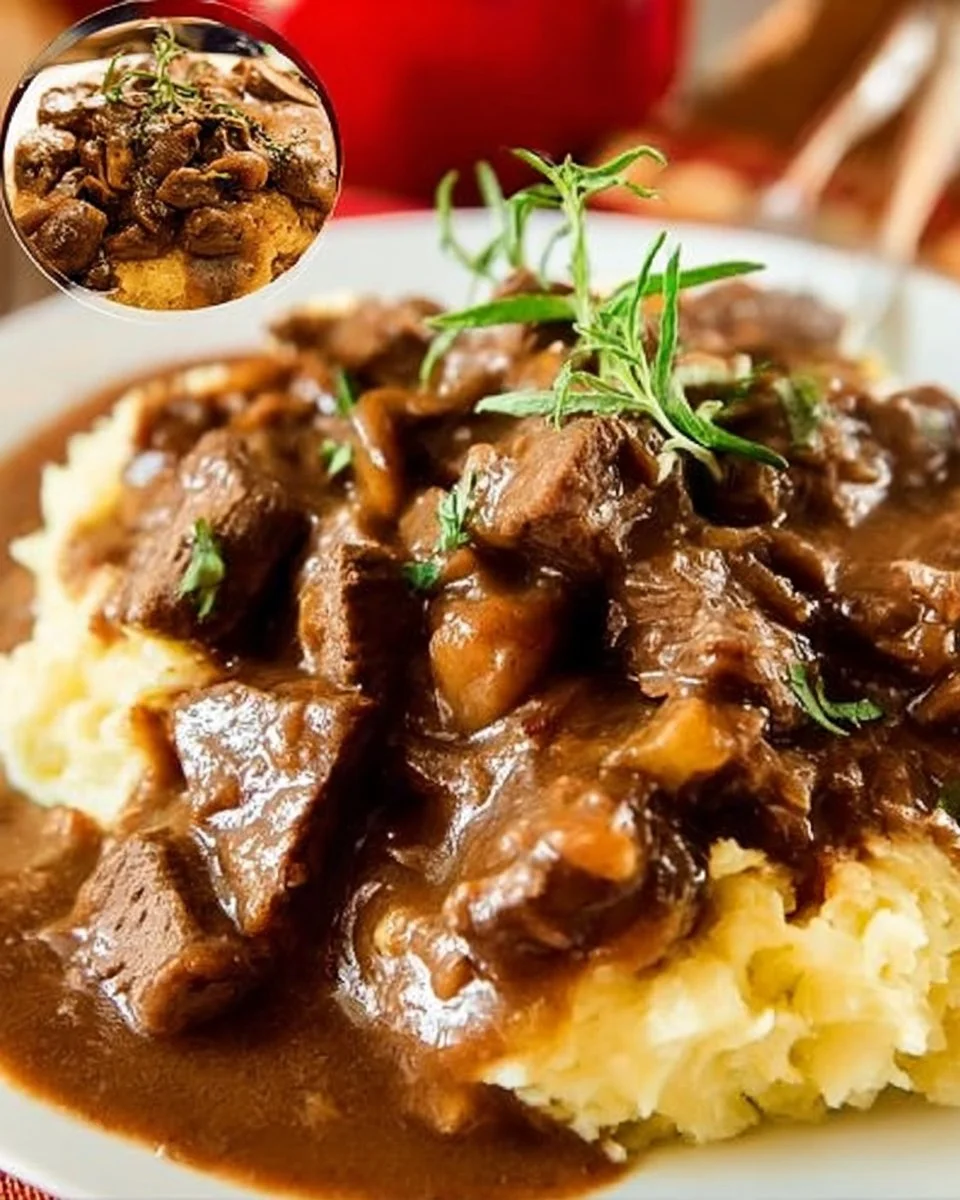 Delicious beef tips simmered in rich gravy served in a bowl.