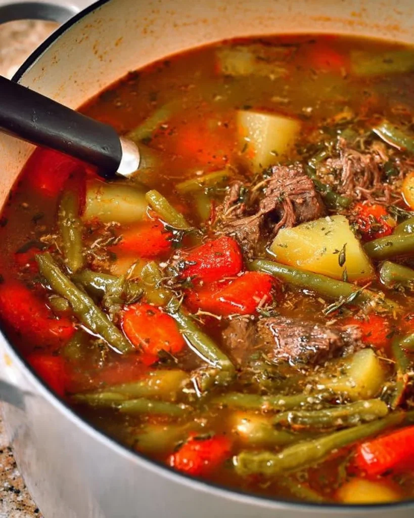 Delicious bowl of beef vegetable soup with fresh vegetables and beef chunks.