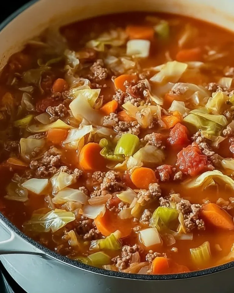 A bowl of delicious homemade cabbage soup with fresh vegetables