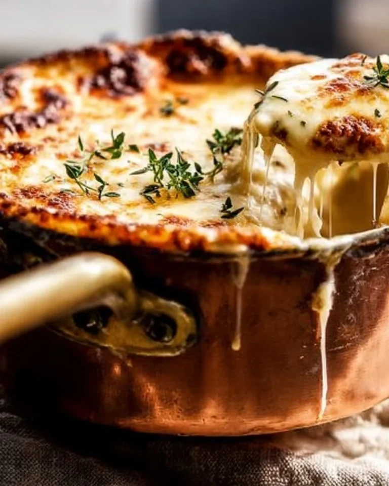 Delicious bowl of easy French onion soup topped with gooey cheese and fresh herbs