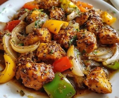 Delicious black pepper chicken served with fresh vegetables and rice.