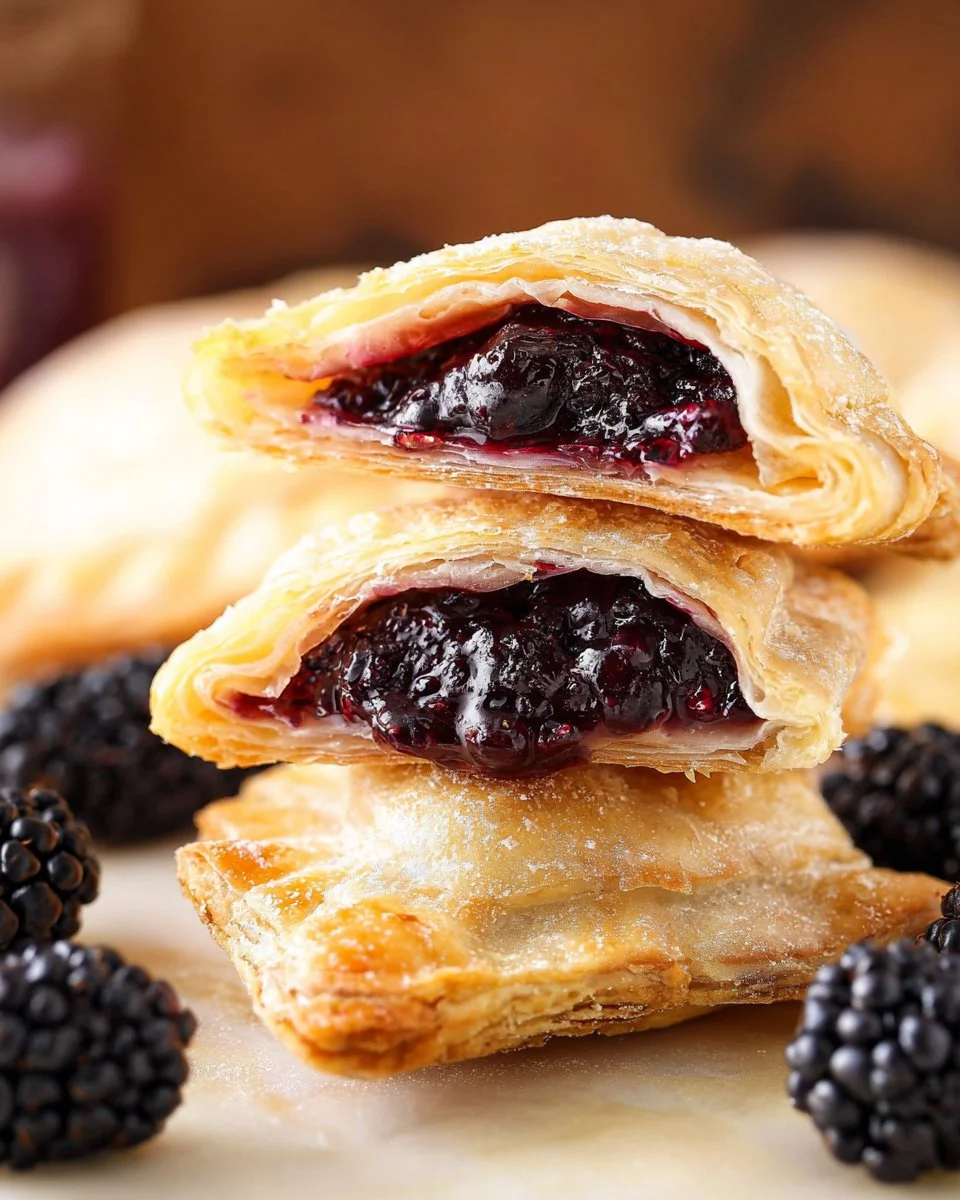 Freshly baked Blackberry Hand Pies on a rustic wooden table