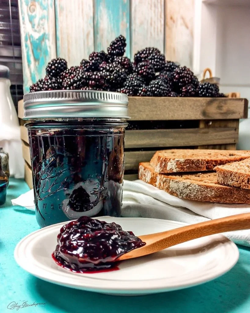 Homemade blackberry jam in a jar with fresh blackberries
