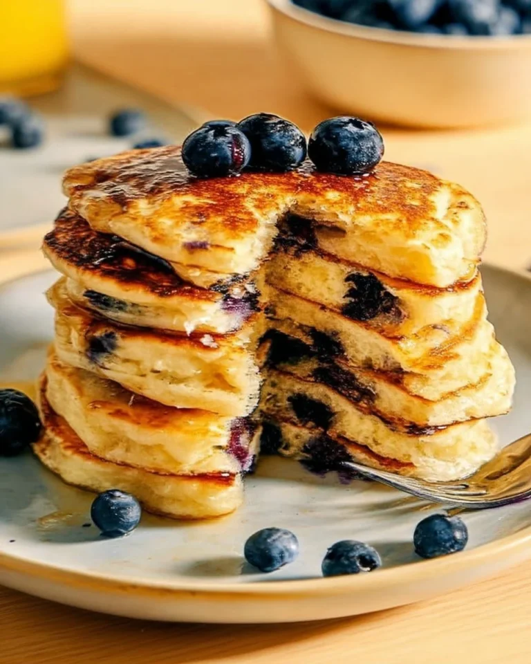 Blueberry buttermilk pancakes stacked with fresh blueberries and syrup