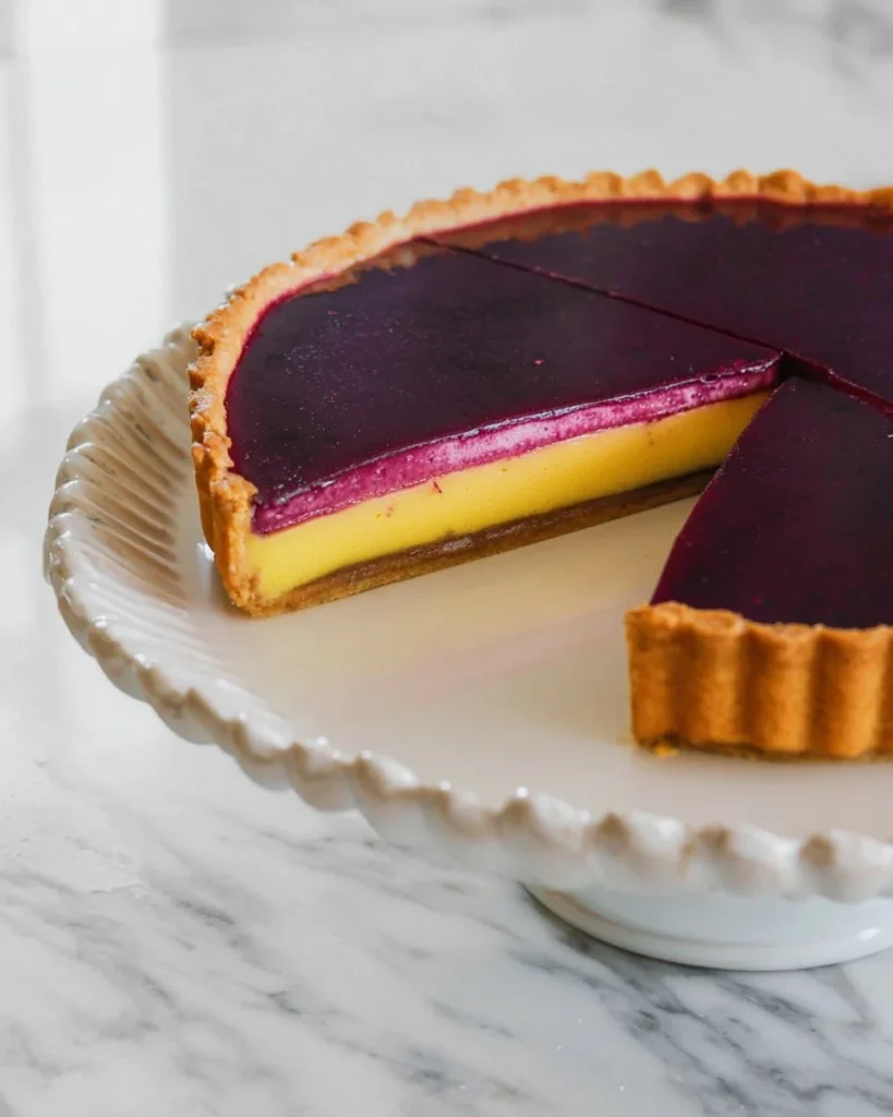Blueberry lemon curd tart dessert with fresh blueberries and lemon zest