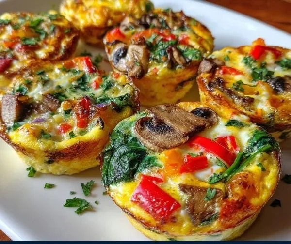 Delicious breakfast egg muffins with vegetables and cheese baked in a muffin tin.