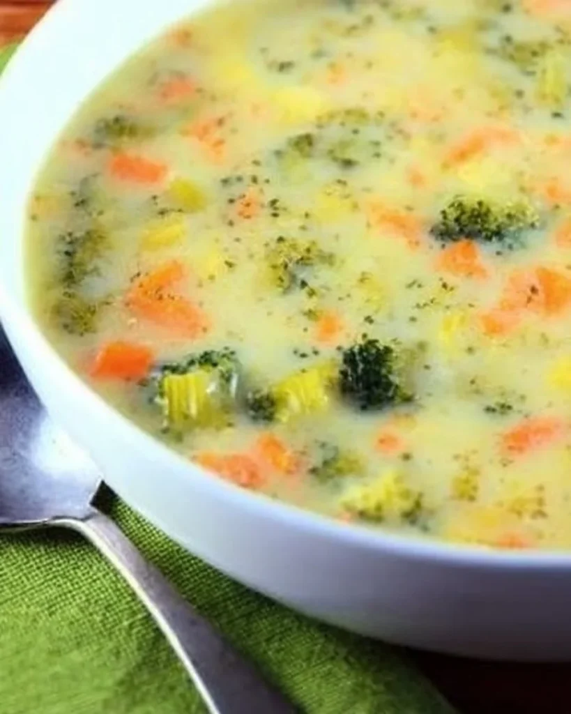 Bowl of creamy broccoli cheese soup with cauliflower and garnished with herbs.