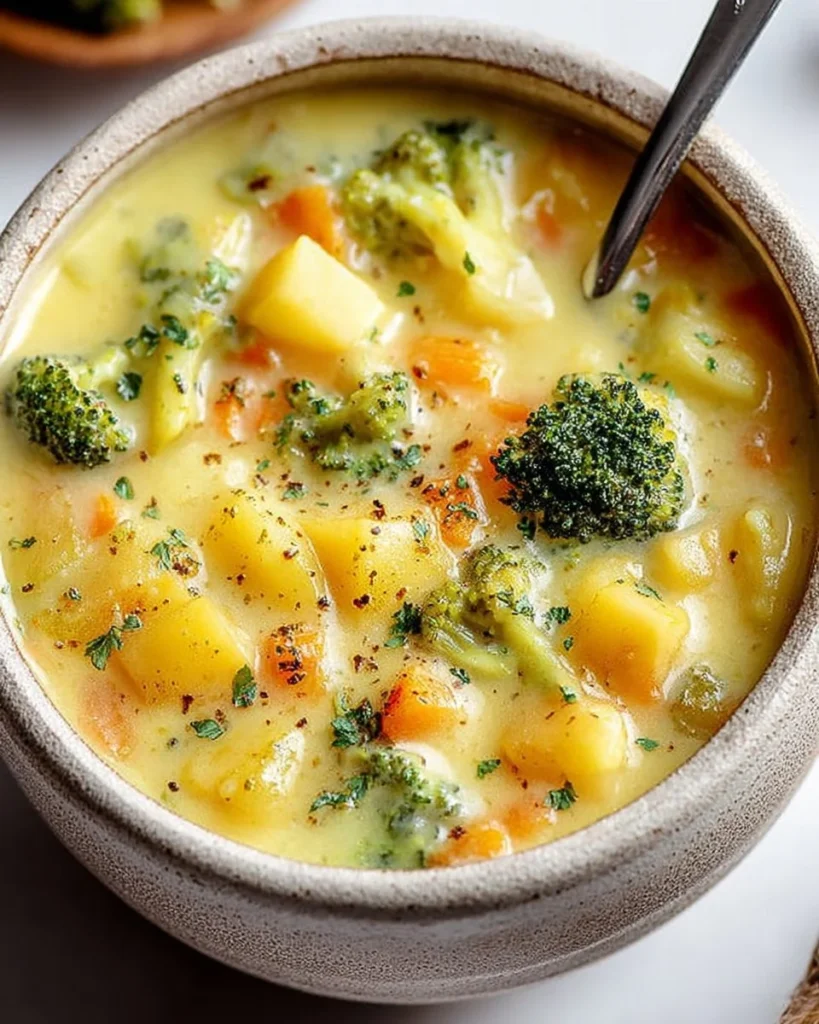 Bowl of creamy broccoli cheese soup with potatoes garnished with herbs.
