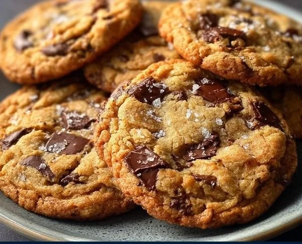 Batch of freshly baked brown butter chocolate chip cookies on a cooling rack