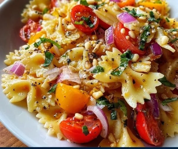 Delicious Bruschetta Pasta Salad with fresh tomatoes and basil