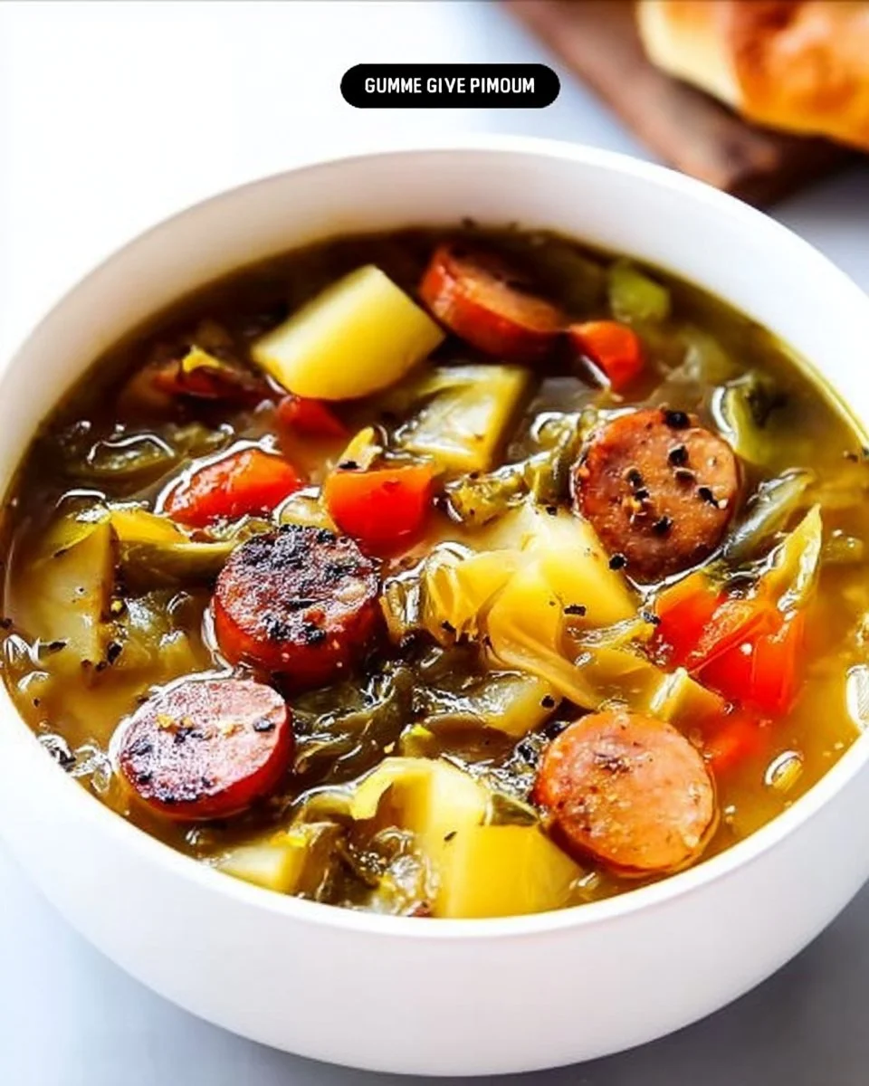 Bowl of Cabbage, Sausage, and Potato Soup garnished with herbs