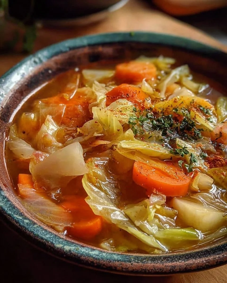 Bowl of steaming cabbage soup with vegetables and herbs, a healthy meal option.