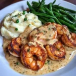Cajun Shrimp and Salmon with Garlic Cream Sauce, Mashed Potatoes, and Green Beans