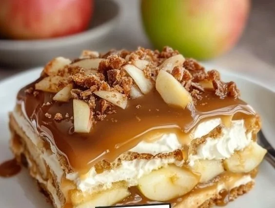 Decadent caramel apple eclair cake with layers of caramel and apple filling