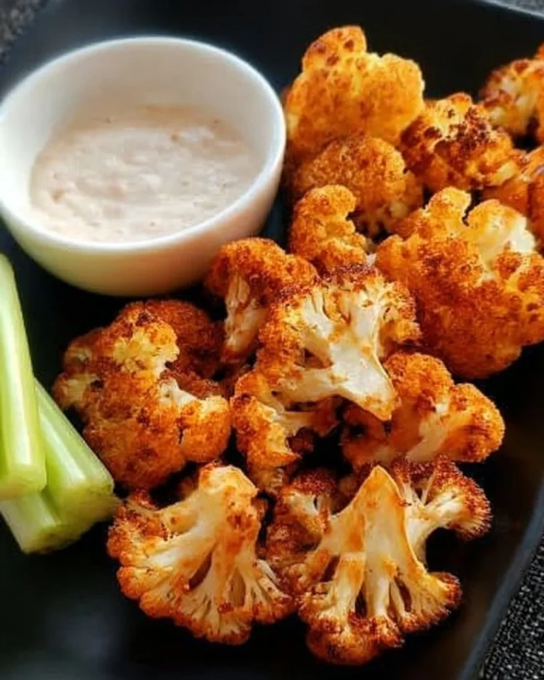 Bowl of crispy cauliflower buffalo bites garnished with celery and sauce