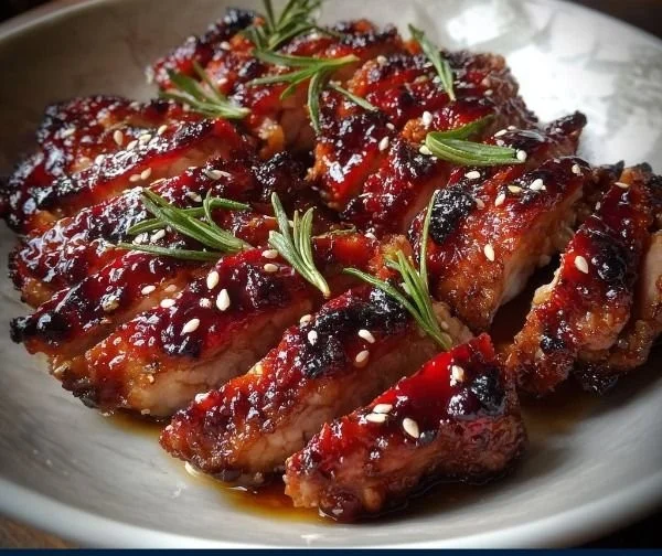 Succulent Char Siu Chicken served with a flavorful glaze and garnished with herbs