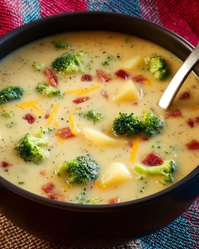 Bowl of creamy cheddar broccoli potato soup topped with cheese and herbs