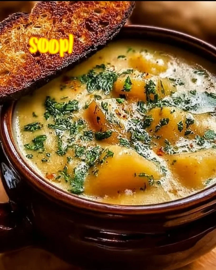 Delicious bowl of Cheddar Garlic Herb Potato Soup garnished with fresh herbs.