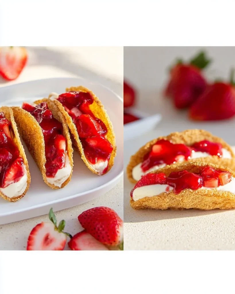 Delicious cheesecake tacos served on a plate, topped with fruit and cream.