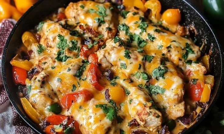 Cheesy Baja Chicken and Bell Pepper Skillet in a one-pan dish
