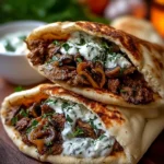 Cheesy Beef and Mushroom Pita Pockets with Tzatziki Sauce