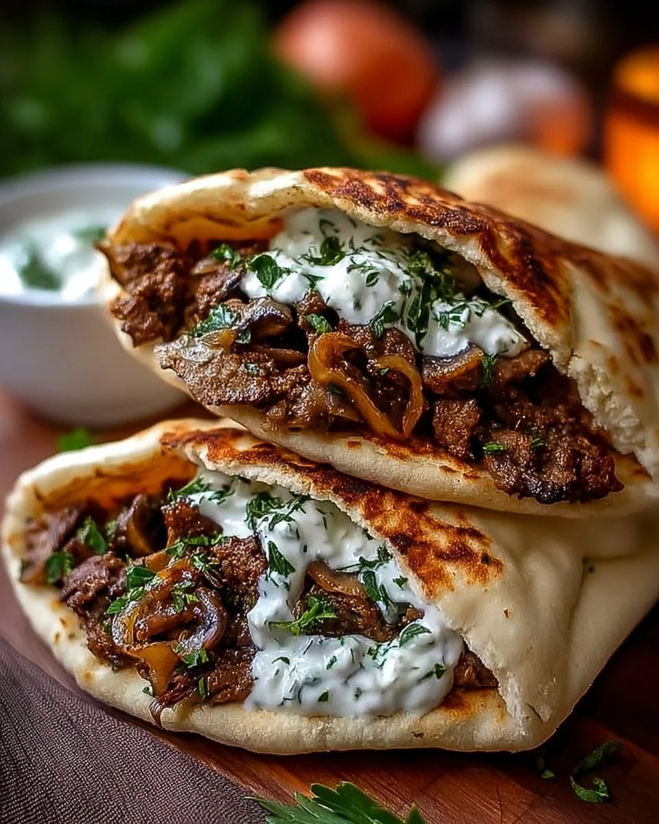 Cheesy beef and mushroom pita pockets served with tzatziki sauce