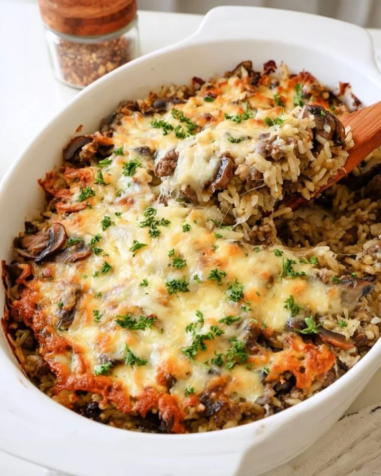 Delicious cheesy beef and rice casserole topped with melted cheese and herbs