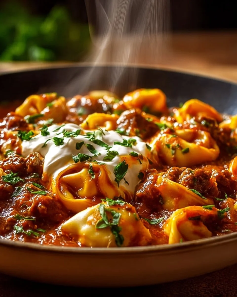 Cheesy beef enchiladas tortellini dish garnished with fresh ingredients