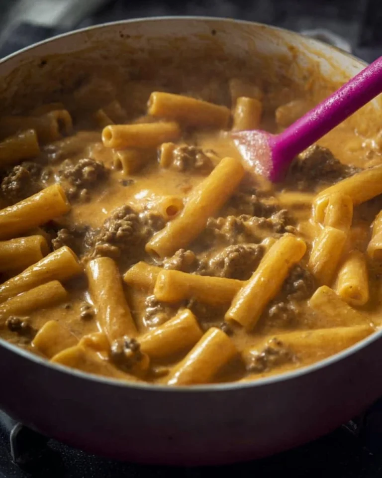 Cheesy beef taco pasta bake topped with melted cheese and taco toppings