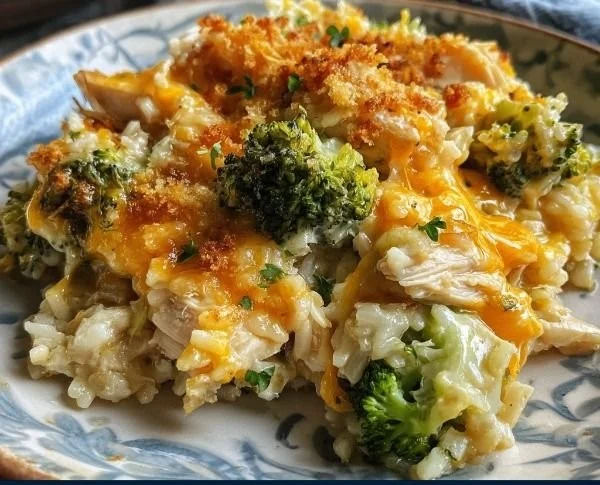 Cheesy broccoli chicken and rice casserole topped with melted cheese