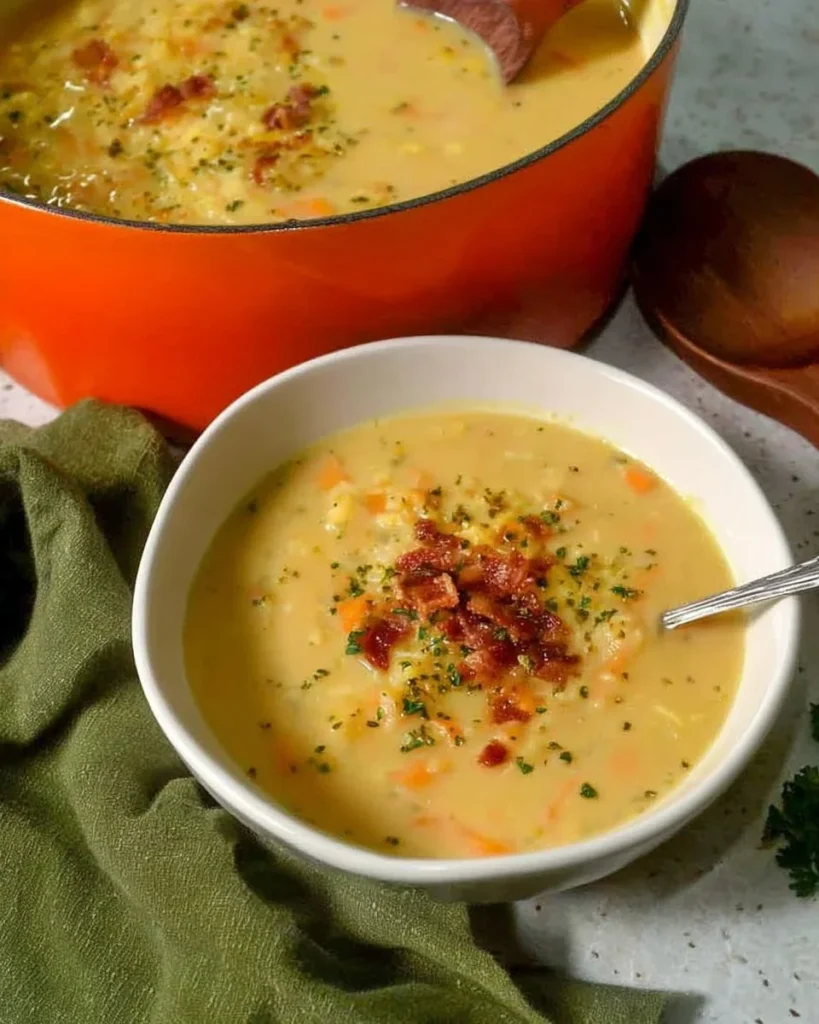 Bowl of cheesy cauliflower soup garnished with herbs and cheese