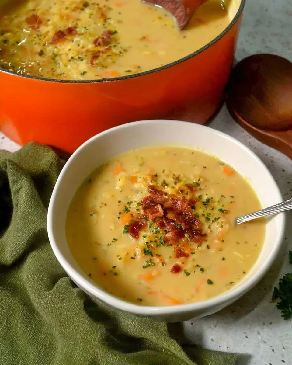 Bowl of cheesy cauliflower soup garnished with herbs and cheese