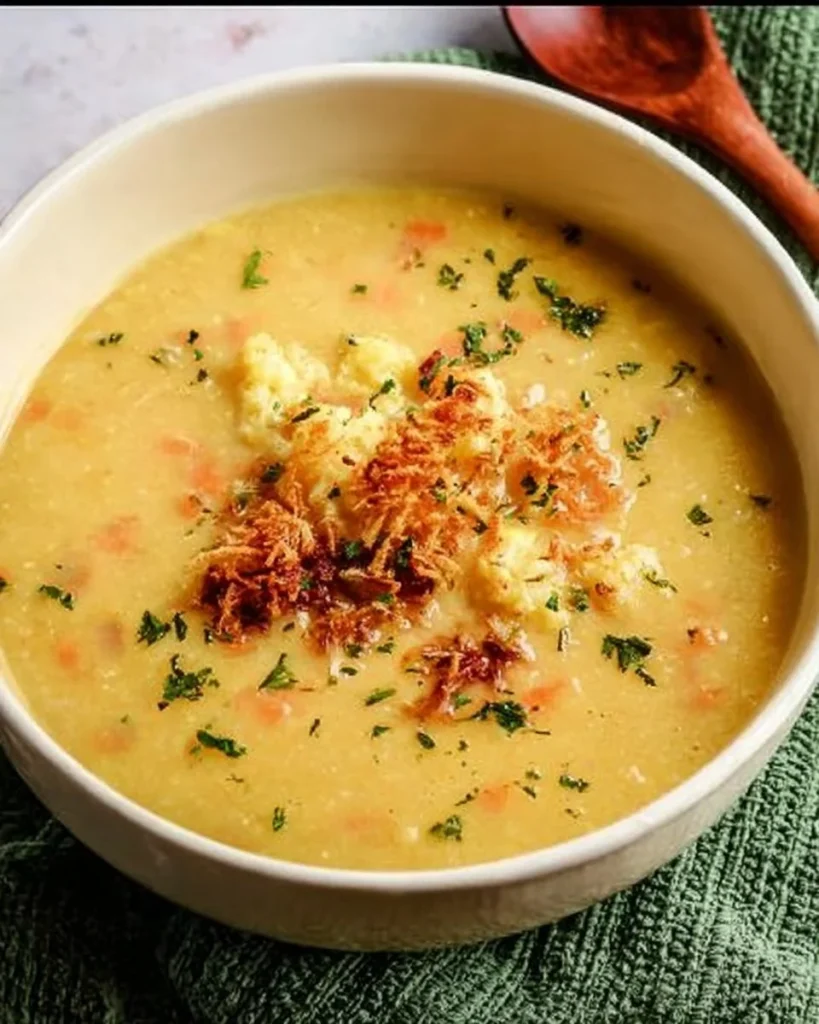 Bowl of creamy cheesy cauliflower soup garnished with herbs