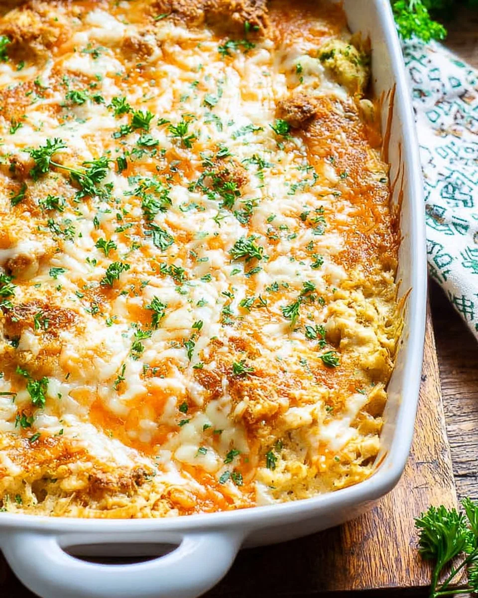 Cheesy Chicken and Rice Casserole with melted cheese and chicken pieces