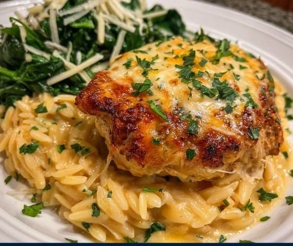 Delicious Cheesy Chicken Orzo in a bowl