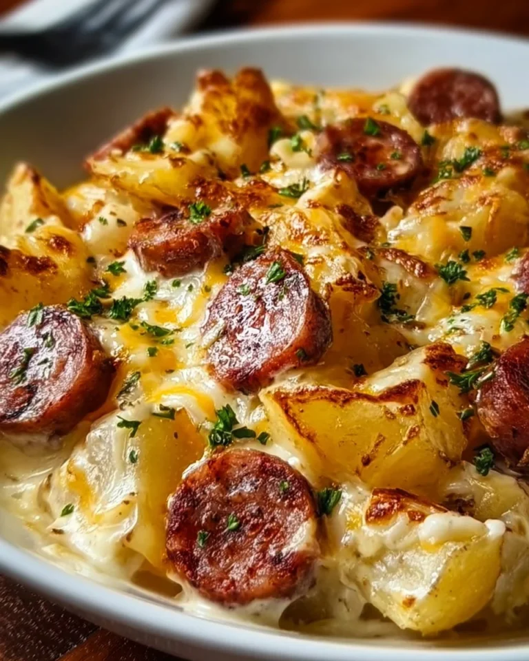 Cheesy ranch potatoes served with smoked sausage in a delicious dish