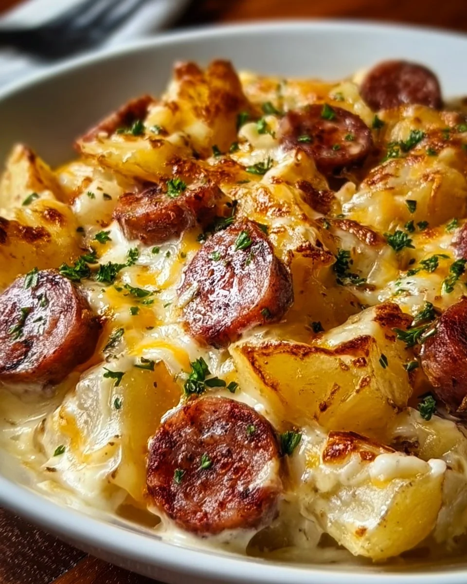 Cheesy ranch potatoes served with smoked sausage in a delicious dish