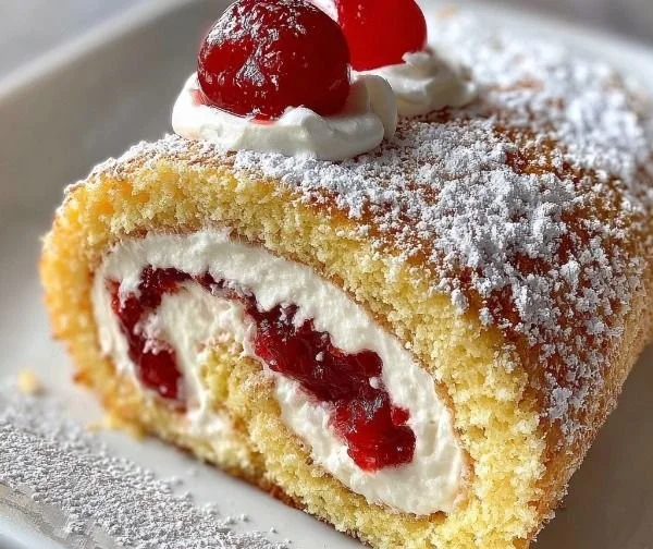 Cherry cheesecake roll dessert with a rich, creamy filling and a soft cake exterior