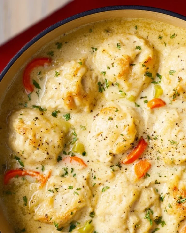 Delicious bowl of chicken and dumplings served with fresh herbs.