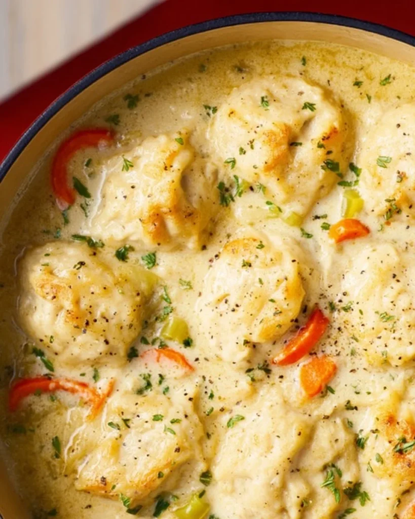 Delicious bowl of chicken and dumplings served with fresh herbs.