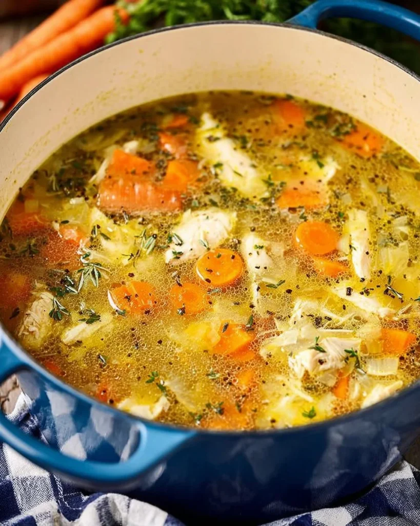 Bowl of chicken rice soup garnished with herbs and vegetables