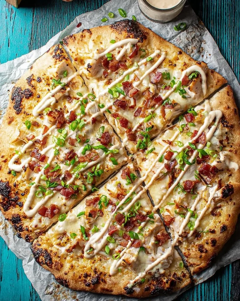 Delicious Chicken Bacon Ranch Pizza topped with crispy bacon and chicken